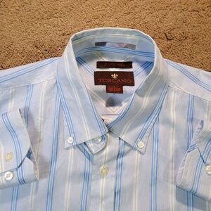 Toscano‎ Button Down Shirt Mens XL Blue White Striped 2 Ply 120s Cotton Preppy